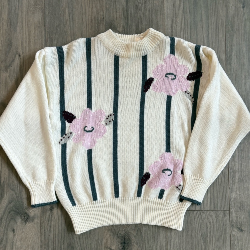 Vintage Jantzen Floral Stripe Crewneck Sweater Mediu Pastel Cottagecore Feminine